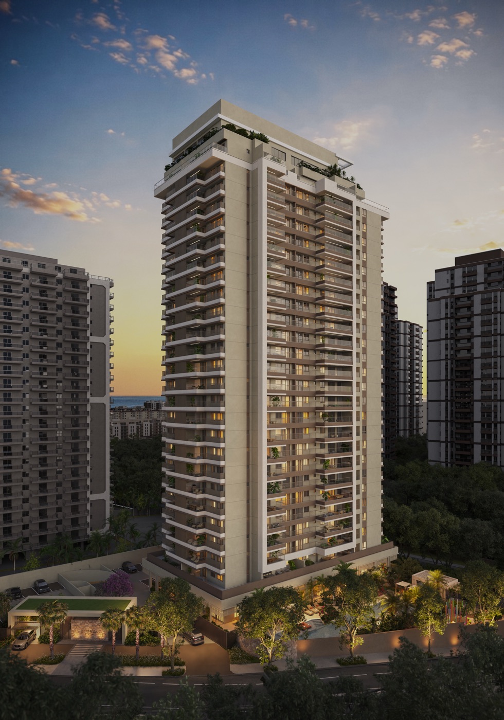 Fachada do Kronos by Tegra: torre única de arquitetura mediterrânea com arcadas de inspiração grega, na região da ABM, Barra da Tijuca
