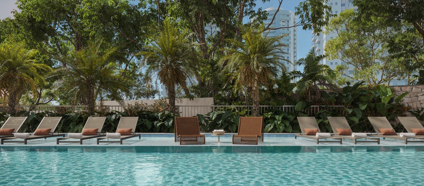 Deck molhado da piscina do Kronos by Tegra, área rasa para relaxar dentro d'água