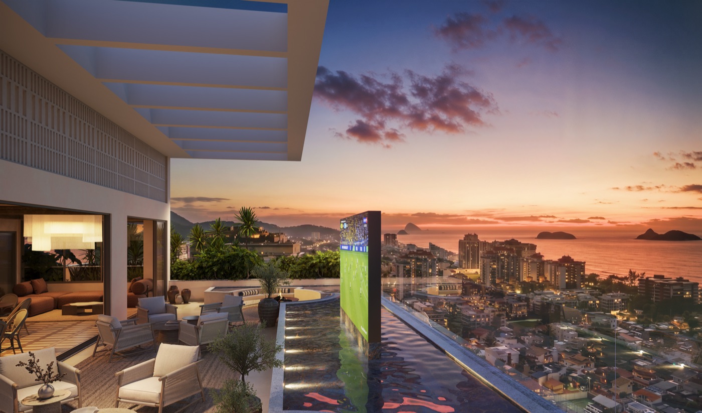 Terraço rooftop do Kronos by Tegra a 85 metros de altura, com vista aberta para a Barra da Tijuca