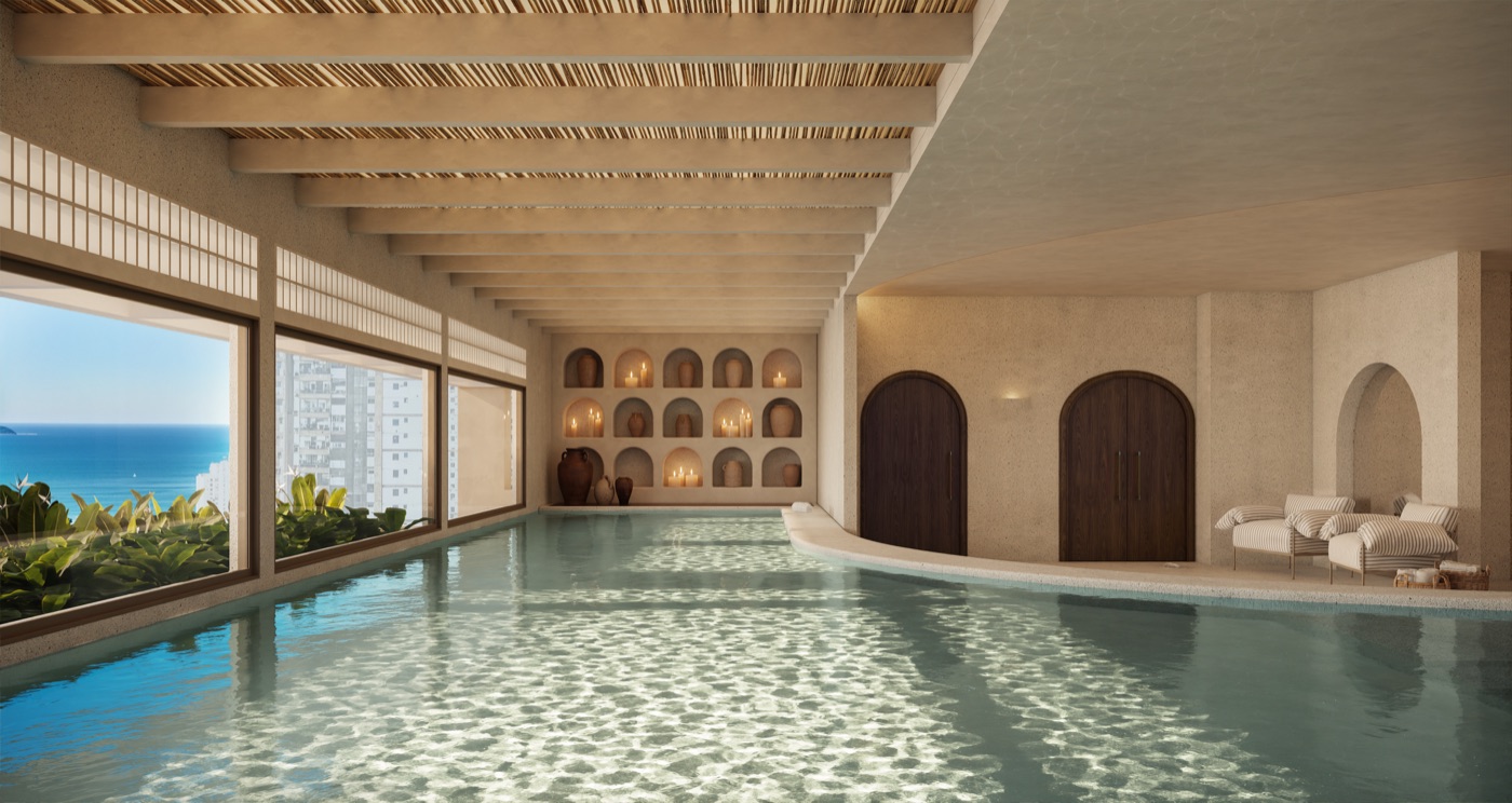 Piscina interna aquecida do spa do Kronos by Tegra, wellness dentro do condomínio