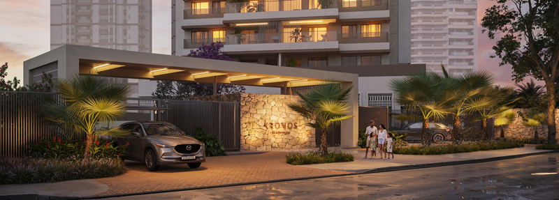 Implantação do Kronos by Tegra: posição da torre única, áreas de lazer e paisagismo no terreno da ABM, Barra da Tijuca