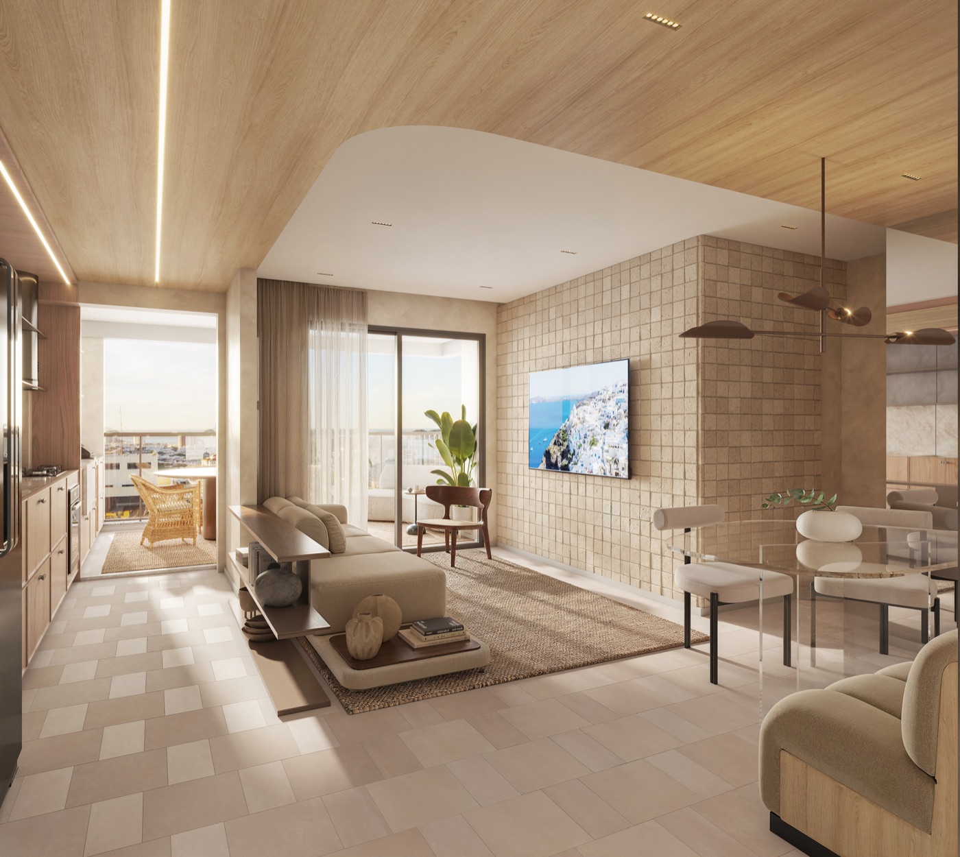 Sala decorada do apartamento de 2 quartos com 1 suíte do Kronos by Tegra, de 77 a 81 m², na Barra da Tijuca
