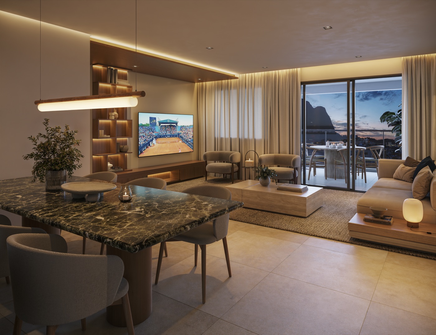 Sala ampliada do apartamento de 3 suítes do Kronos by Tegra, com 120 m² e integração dos ambientes
