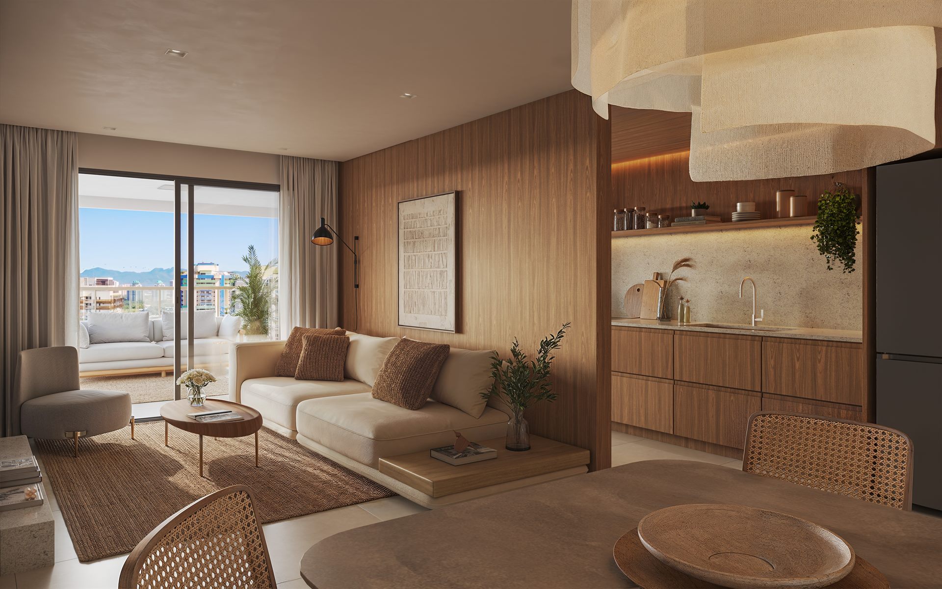 Sala do apartamento de 4 suítes do Kronos by Tegra, com 147 m² e varanda integrada