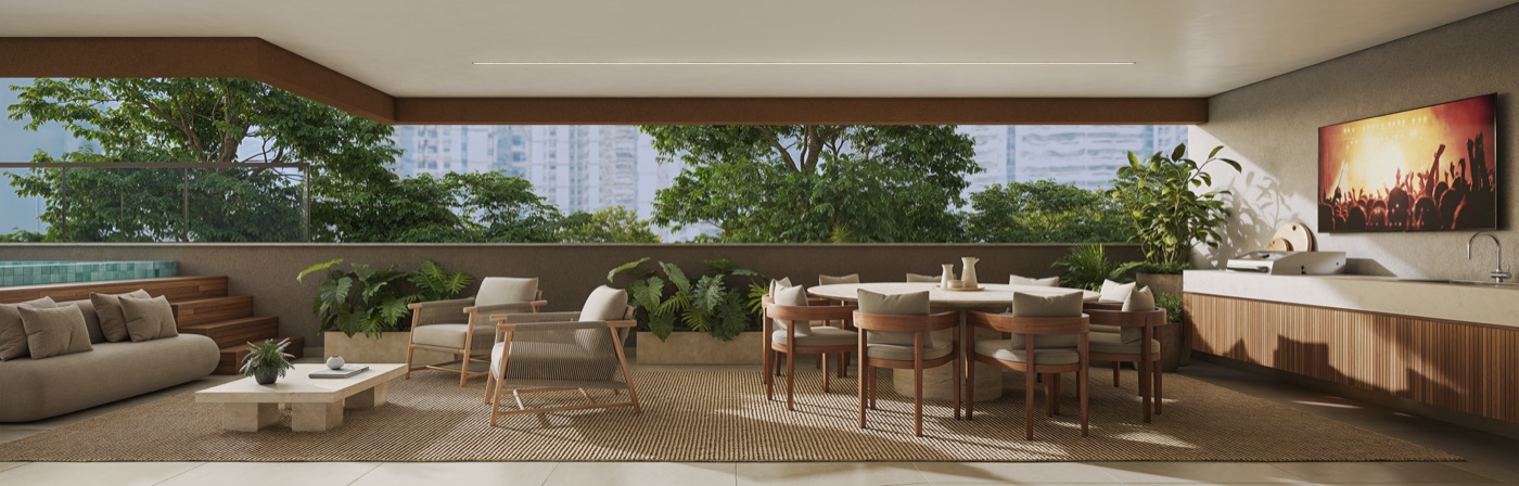Terraço privativo de uma unidade Up Garden do Kronos by Tegra, com área externa de uso exclusivo
