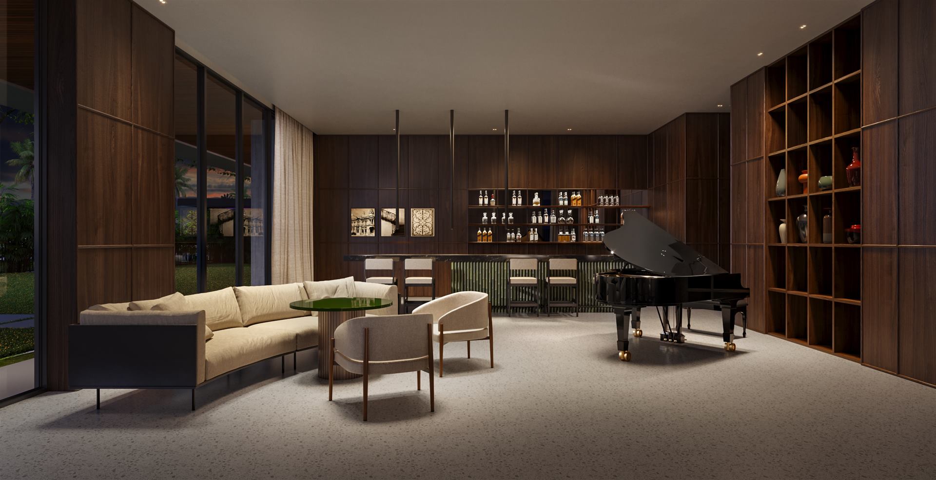 Piano bar do Edifício 1 do RIIO by Piero Lissoni, salão de convívio com piano de cauda
