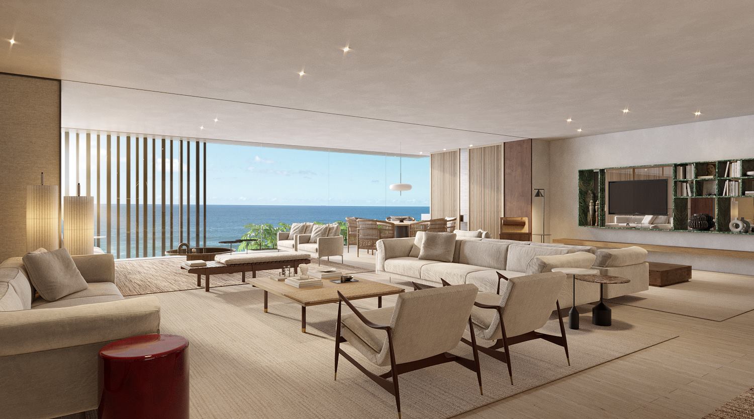 Sala integrada com vista para o mar de uma unidade decorada do Bloco 1 do RIIO by Piero Lissoni