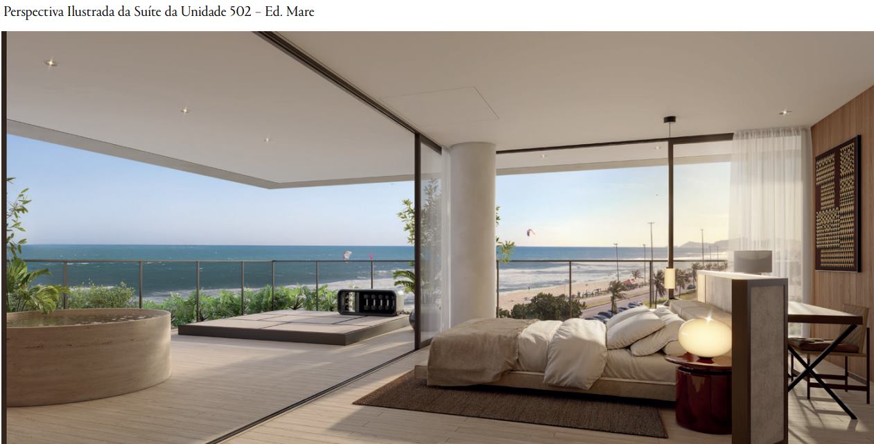 Suíte master com hidromassagem na varanda e vista para o mar da unidade 502, Edifício Mare, no RIIO by Piero Lissoni