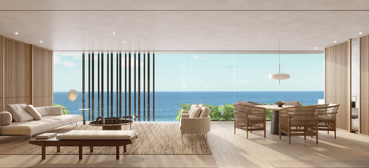 Varanda com vista para o mar de uma unidade decorada do Bloco 1 do RIIO by Piero Lissoni